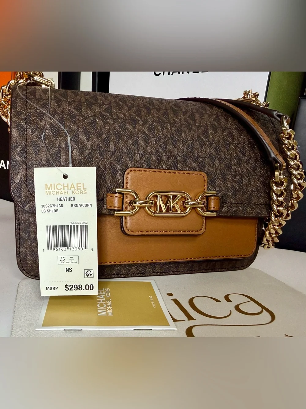 🆕MICHAEL KORS Ladies Heather Extra-Small Logo Leather Crossbody Bag Brown/Acorn
